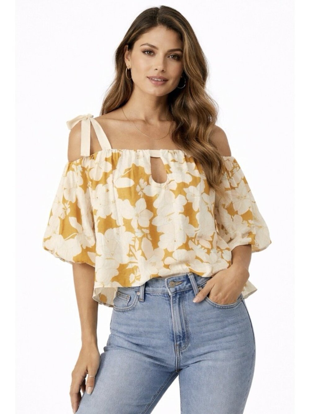 Mon Renn Magnolia Top Size XS/6 NWT Cold Shoulder Sleeves Floral Print Cropped